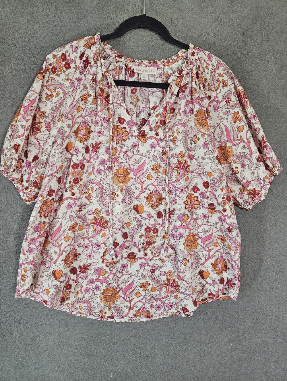 Knox Rose Womens Medium Popover Shirt Cottagecore Pink Floral Puff Short Sleeve